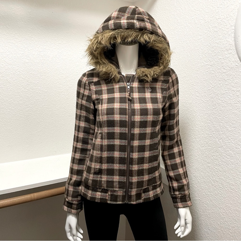 Volcom Plaid Jacket w/Faux Fur Trim Hood Sz S